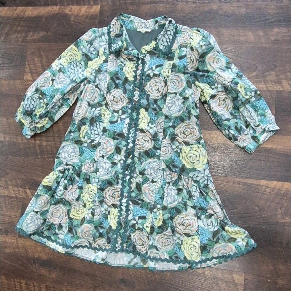 Entro Floral A-Line Mini Dress Puff Sleeve Green Cotton Size M
